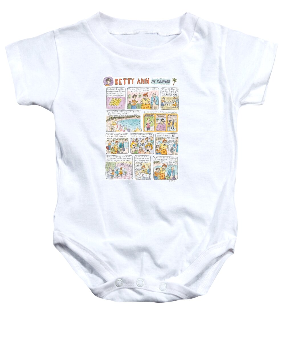 Cannes Film Festival Baby Onesie featuring the drawing 'betty Ann In Cannes' by Roz Chast
