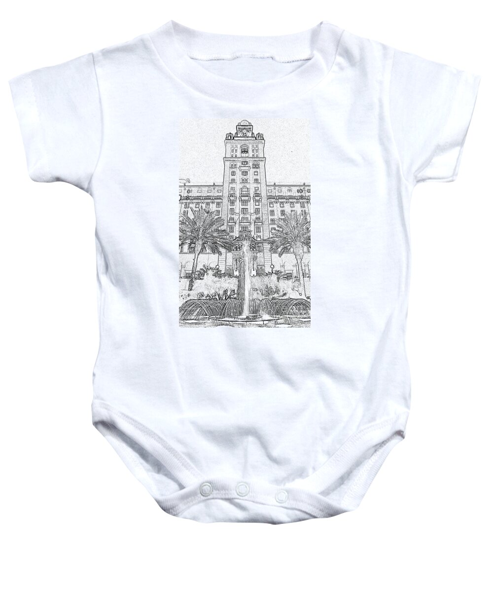 Biltmore Baby Onesie featuring the digital art Biltmore Hotel Miami Coral Gables Florida Exterior Entrance Tower Black and White Digital Art by Shawn O'Brien
