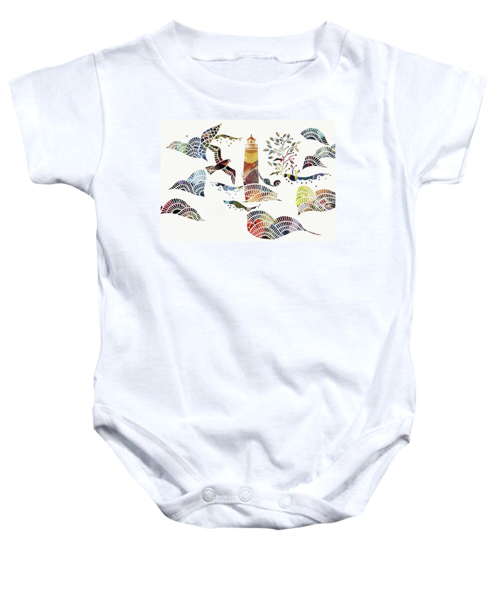 Abstract Baby Onesie featuring the photograph Birds And Waves Around Lighthouse At Sea by Ikon Ikon Images