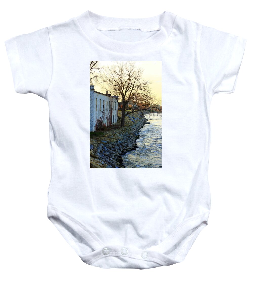Tree Baby Onesie featuring the photograph Blue and Yellow Morning by Viviana Nadowski