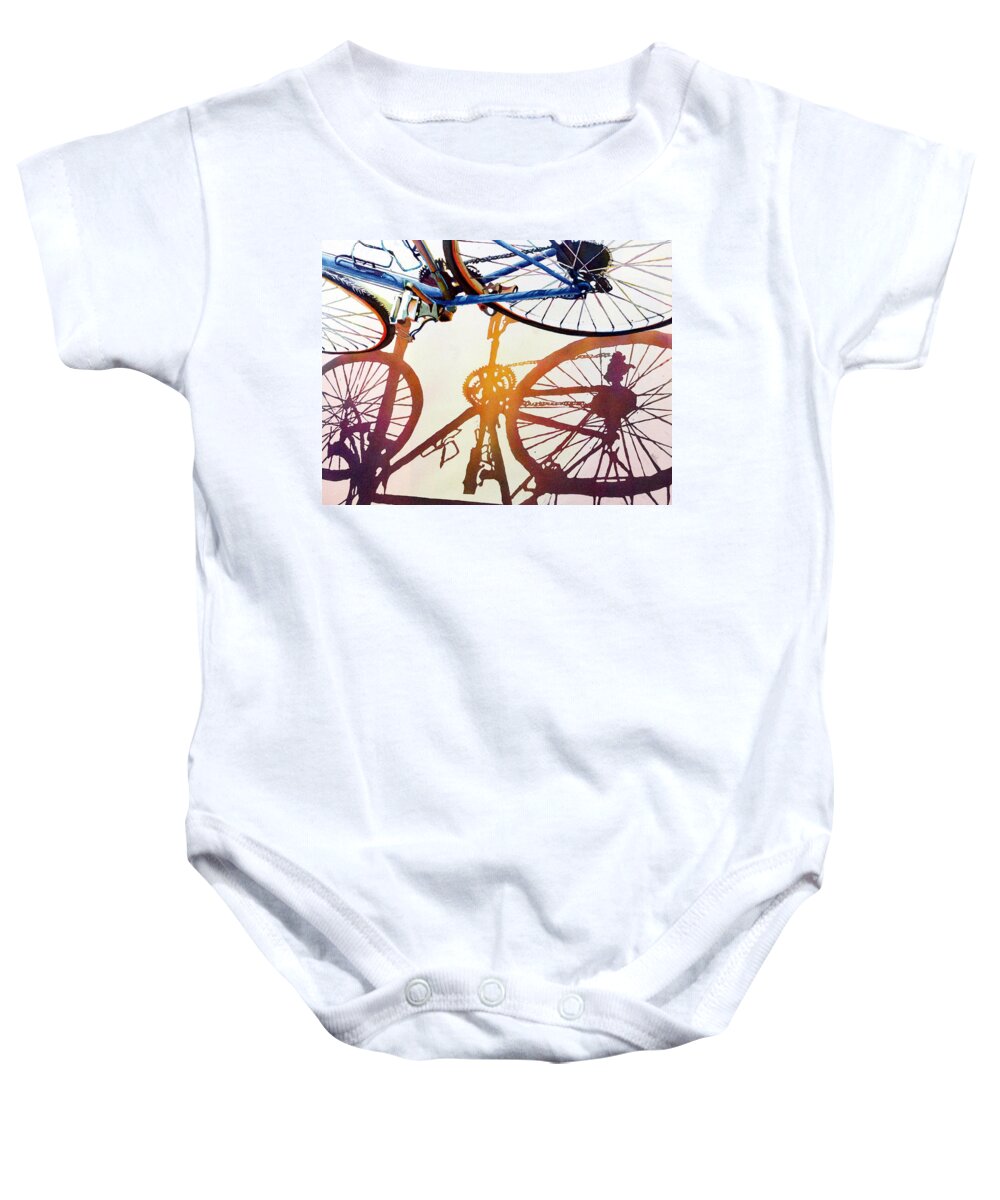 Blue Bicycle Baby Onesie featuring the painting Blue Bike by Greg and Linda Halom