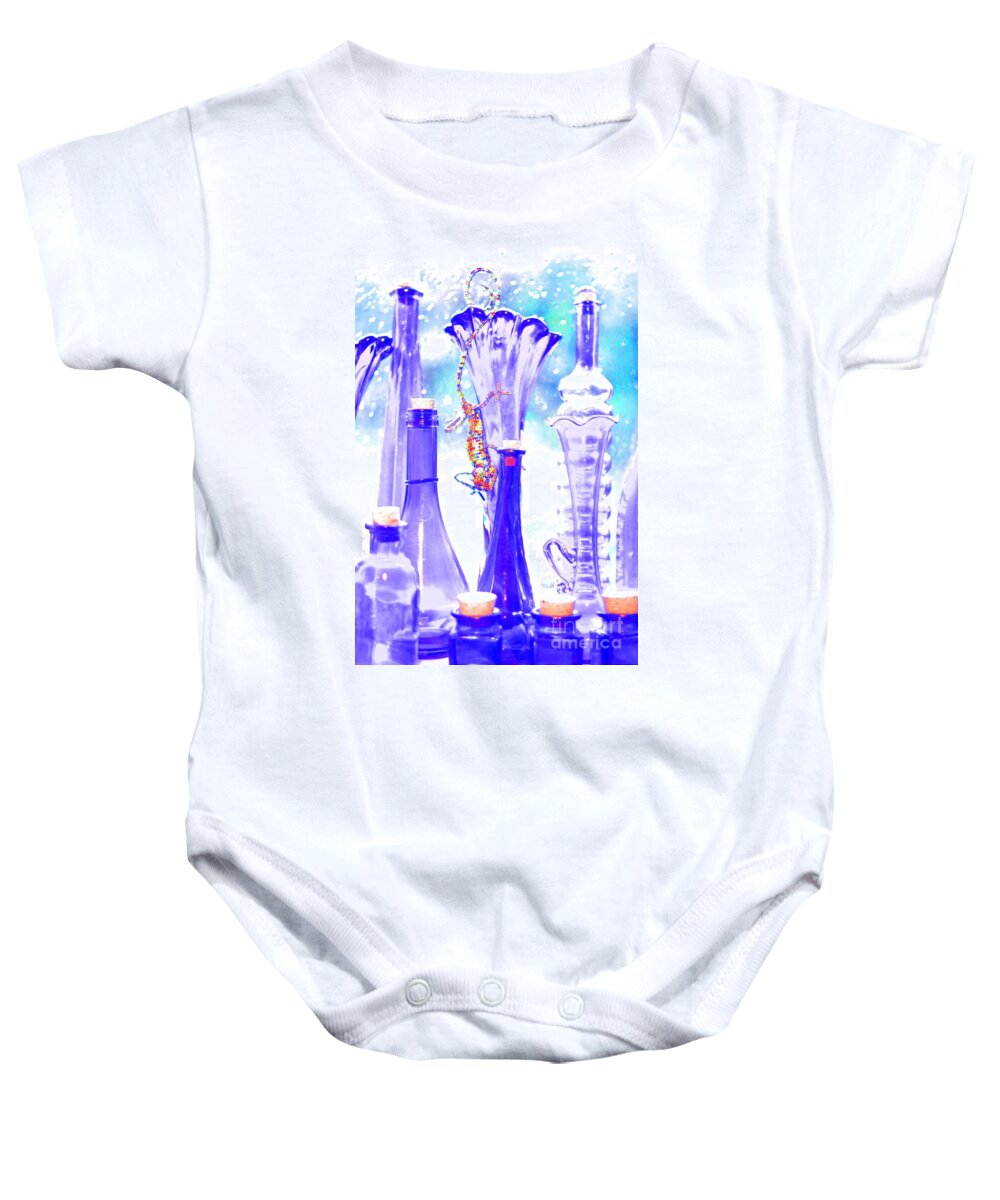 Bead And Wire Gecko Baby Onesie featuring the photograph Blue Glass and Gecko by Jeremy Hayden