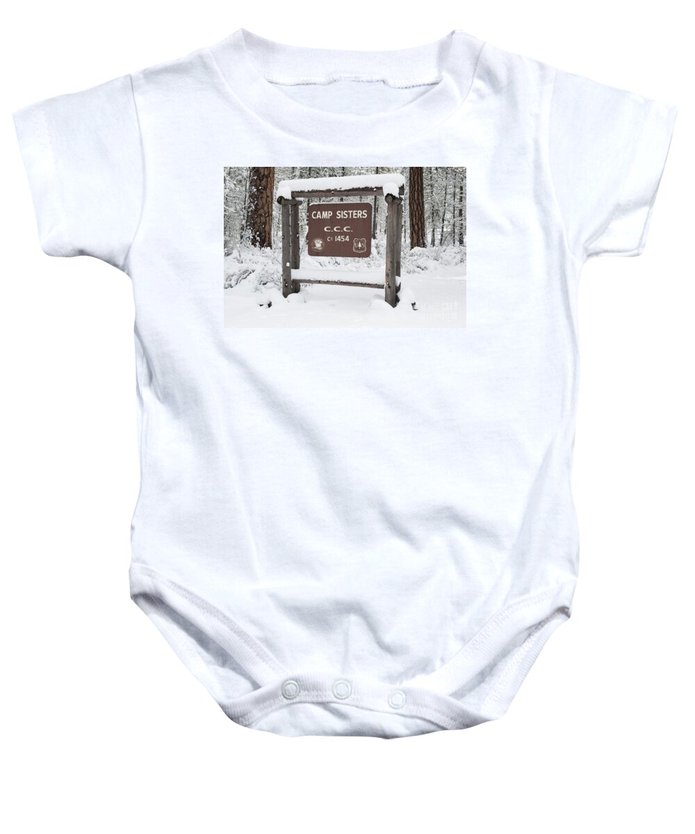 Oregon Baby Onesie featuring the photograph Camp Sign In Winter by John Shaw