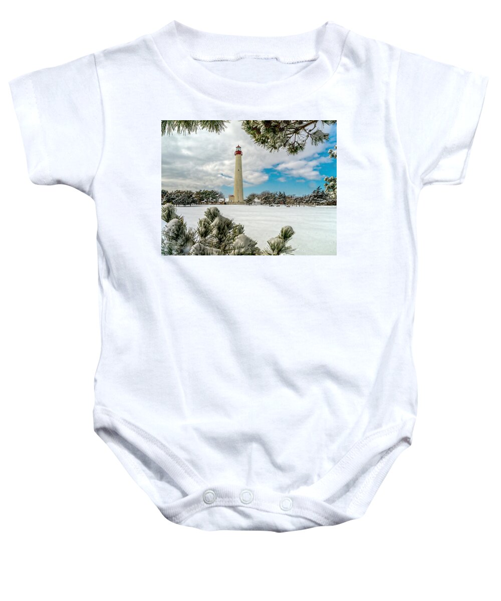Beacon Baby Onesie featuring the photograph Cape May Light thru Snowy Trees by Nick Zelinsky Jr