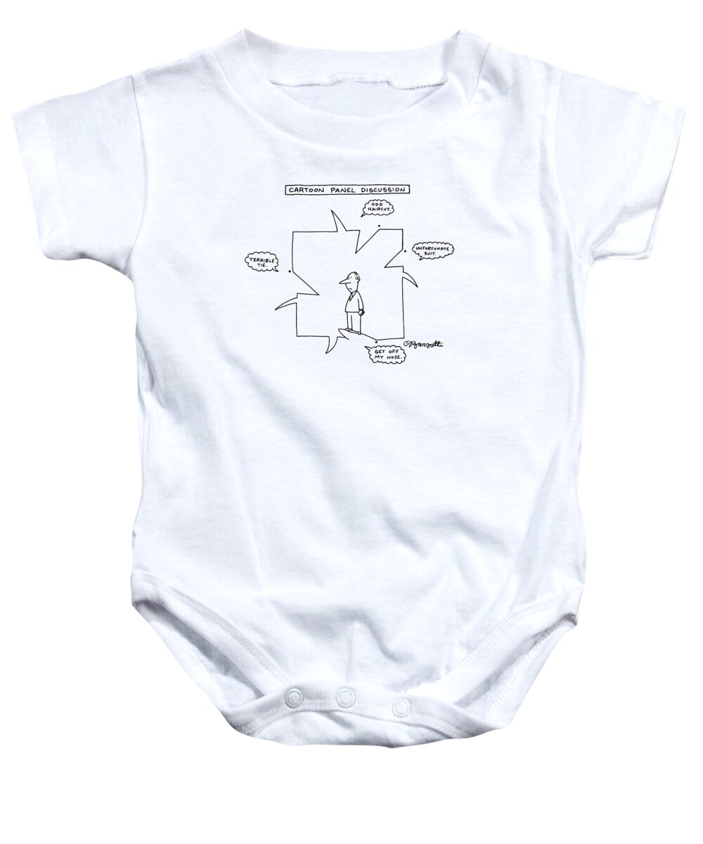 
Cartoon Panel Discussion: Title. Little Man Stands Inside A Cartoon Panel Baby Onesie featuring the drawing Cartoon Panel Discussion by Charles Barsotti