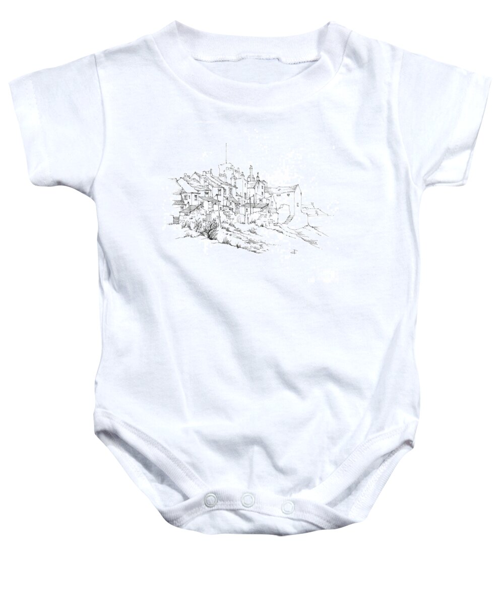 Castletown Baby Onesie featuring the drawing Castletown Coastal Houses by Paul Davenport