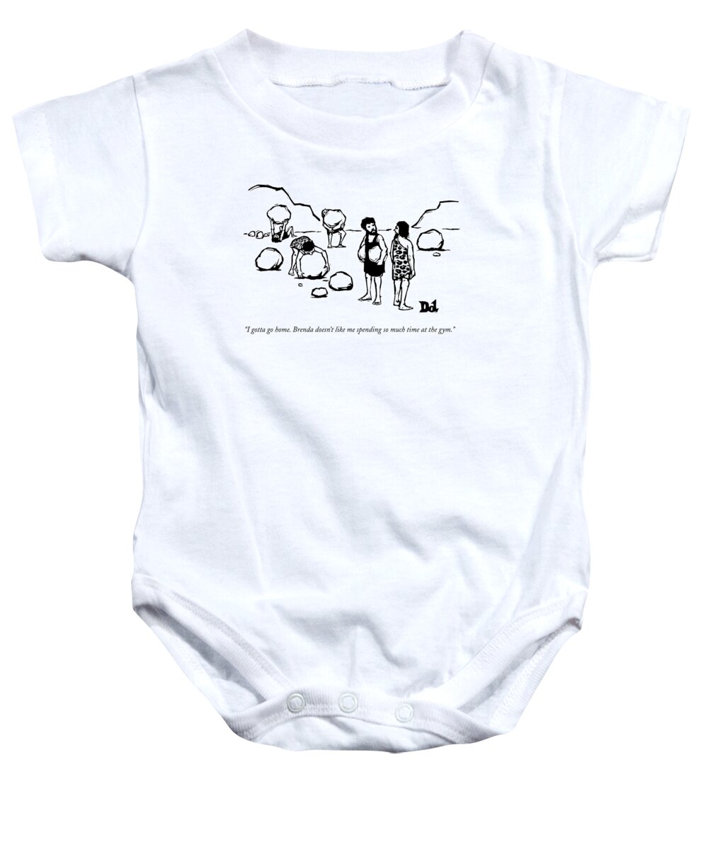 Health Baby Onesie featuring the drawing Cave Men Lift Giant Boulders by Drew Dernavich