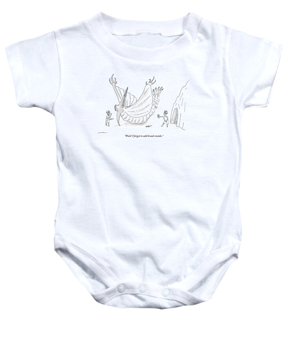 Pterodactyls Baby Onesie featuring the drawing Caveman And Woman Begin To Eat A Pterodactyl by Michael Maslin
