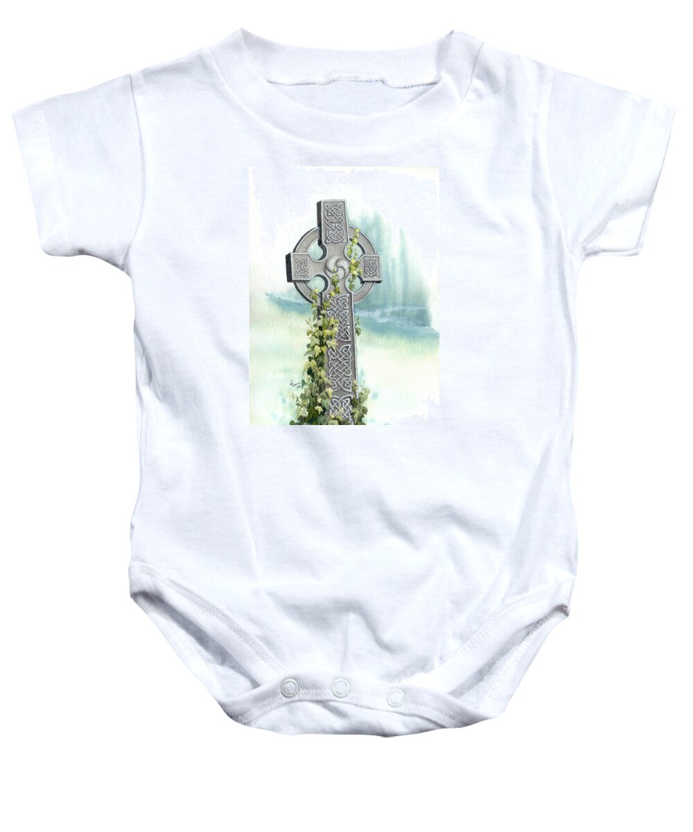 Celtic Cross Baby Onesie featuring the painting Celtic Cross with Ivy II by Lynn Quinn