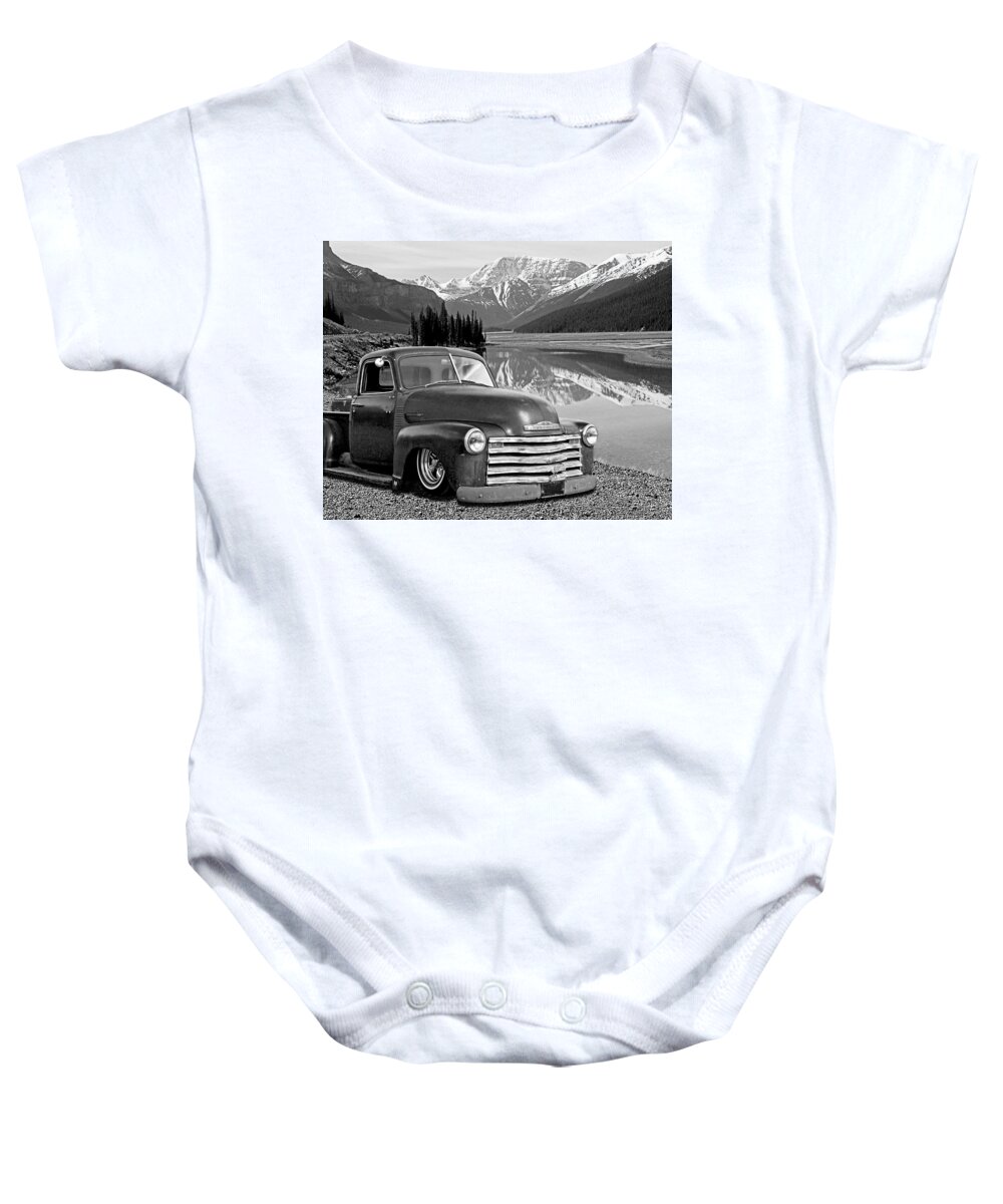 Chevrolet Truck Baby Onesie featuring the photograph Chevy Pickup in the Rockies in Black and White by Gill Billington