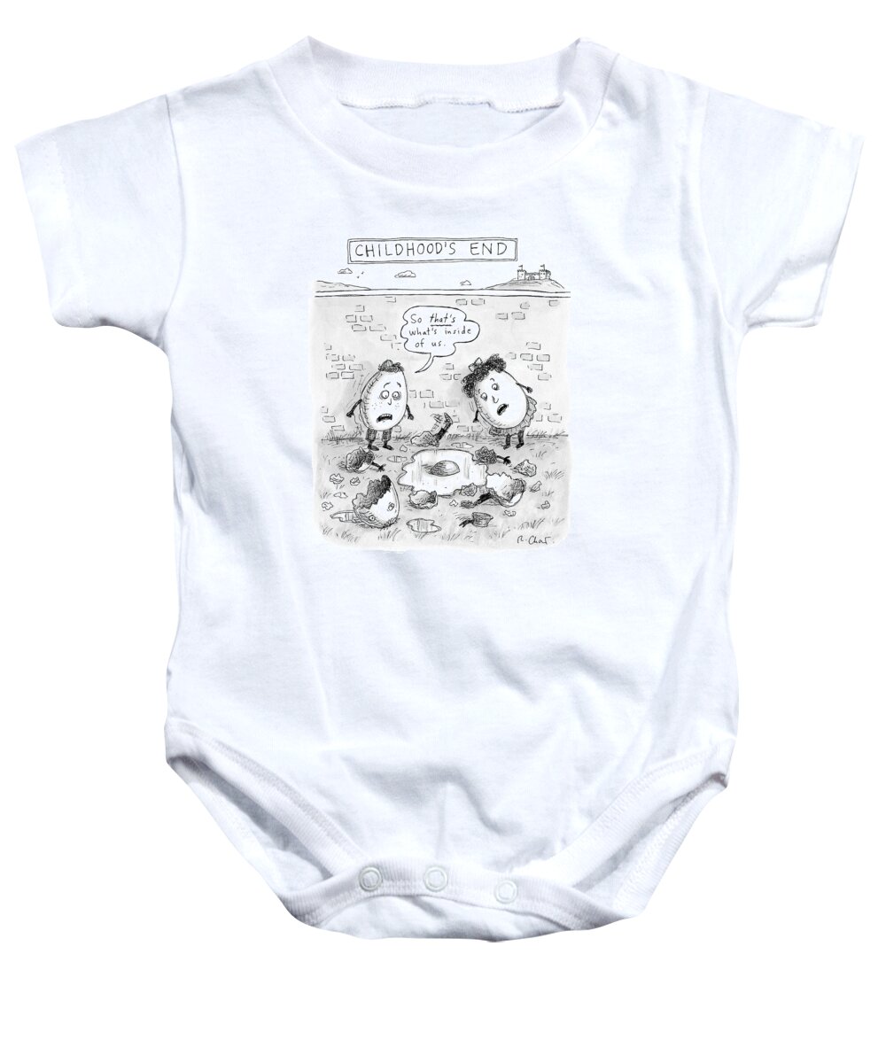 Captionless Baby Onesie featuring the drawing Childhood's End: Two Egg-children Stand by Roz Chast