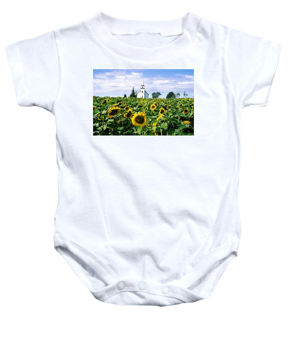 Canada Baby Onesie featuring the photograph Church And Sunflowers by Lionel Stevenson