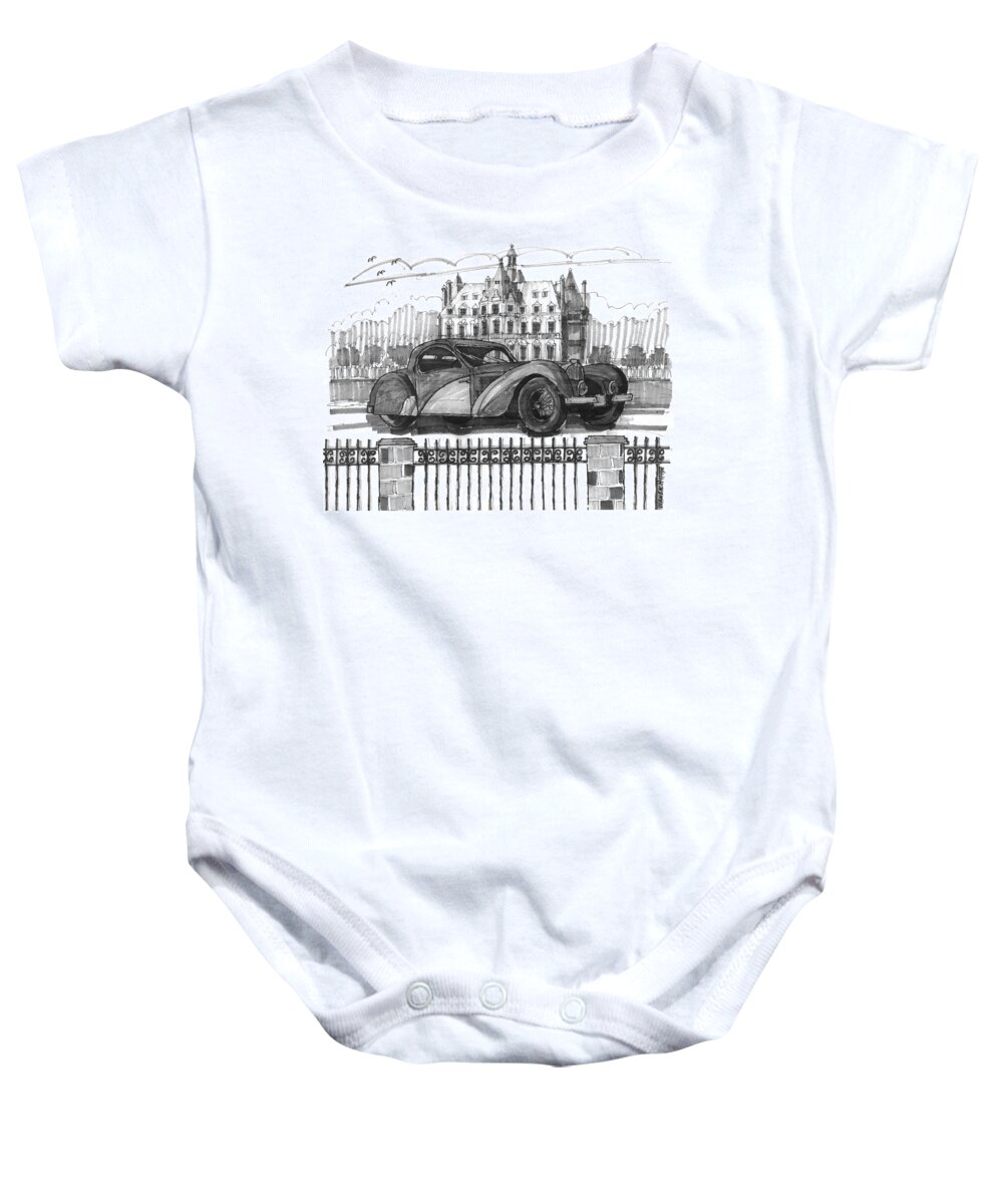 Classic Auto Baby Onesie featuring the drawing Classic Auto with Chateau by Richard Wambach