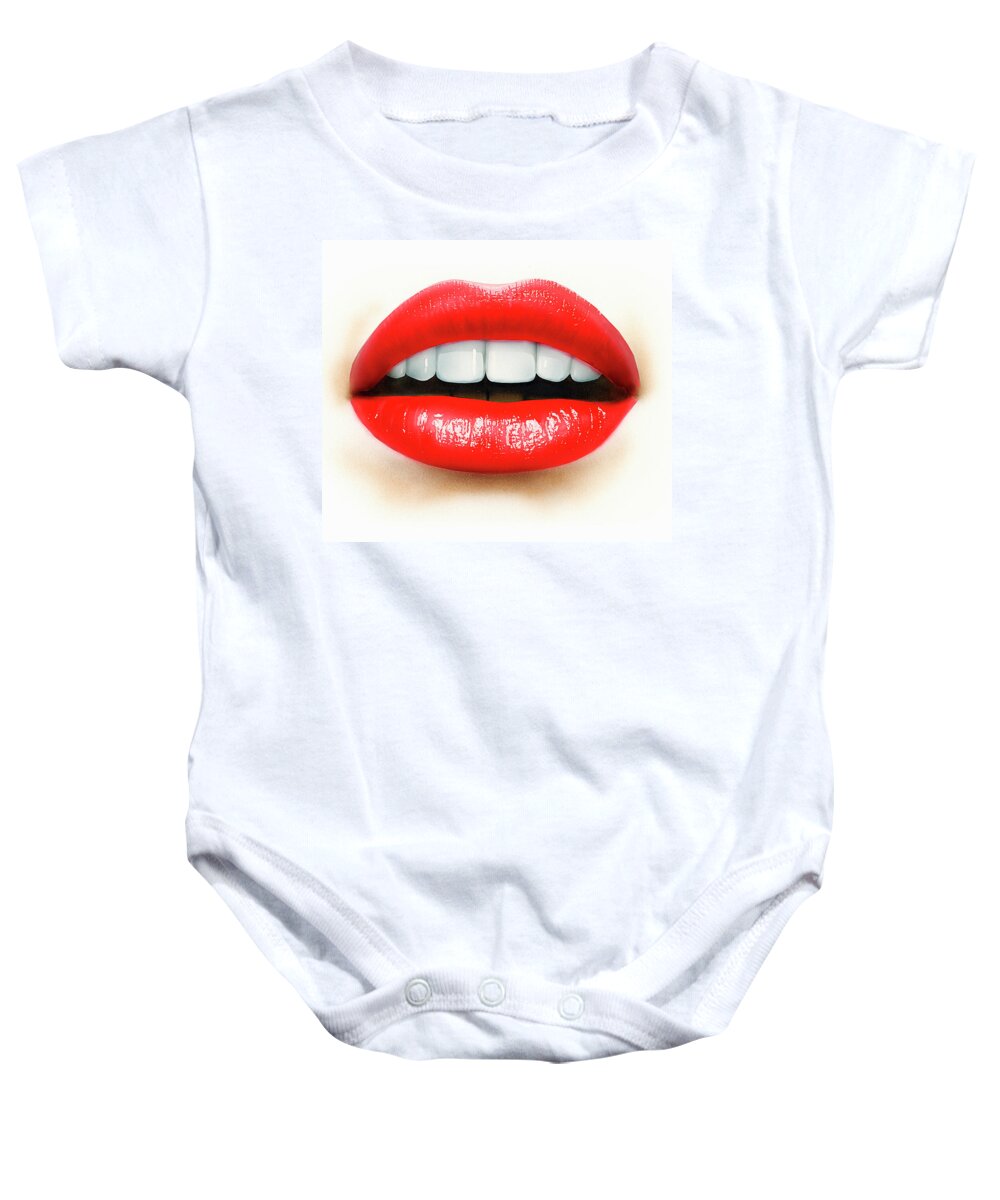 Adult Baby Onesie featuring the photograph Close Up Of Mouth, Teeth And Red Lips by Ikon Ikon Images