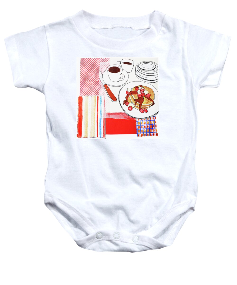 Beverage Baby Onesie featuring the photograph Coffee And Pancakes With Fruit On Table by Ikon Ikon Images