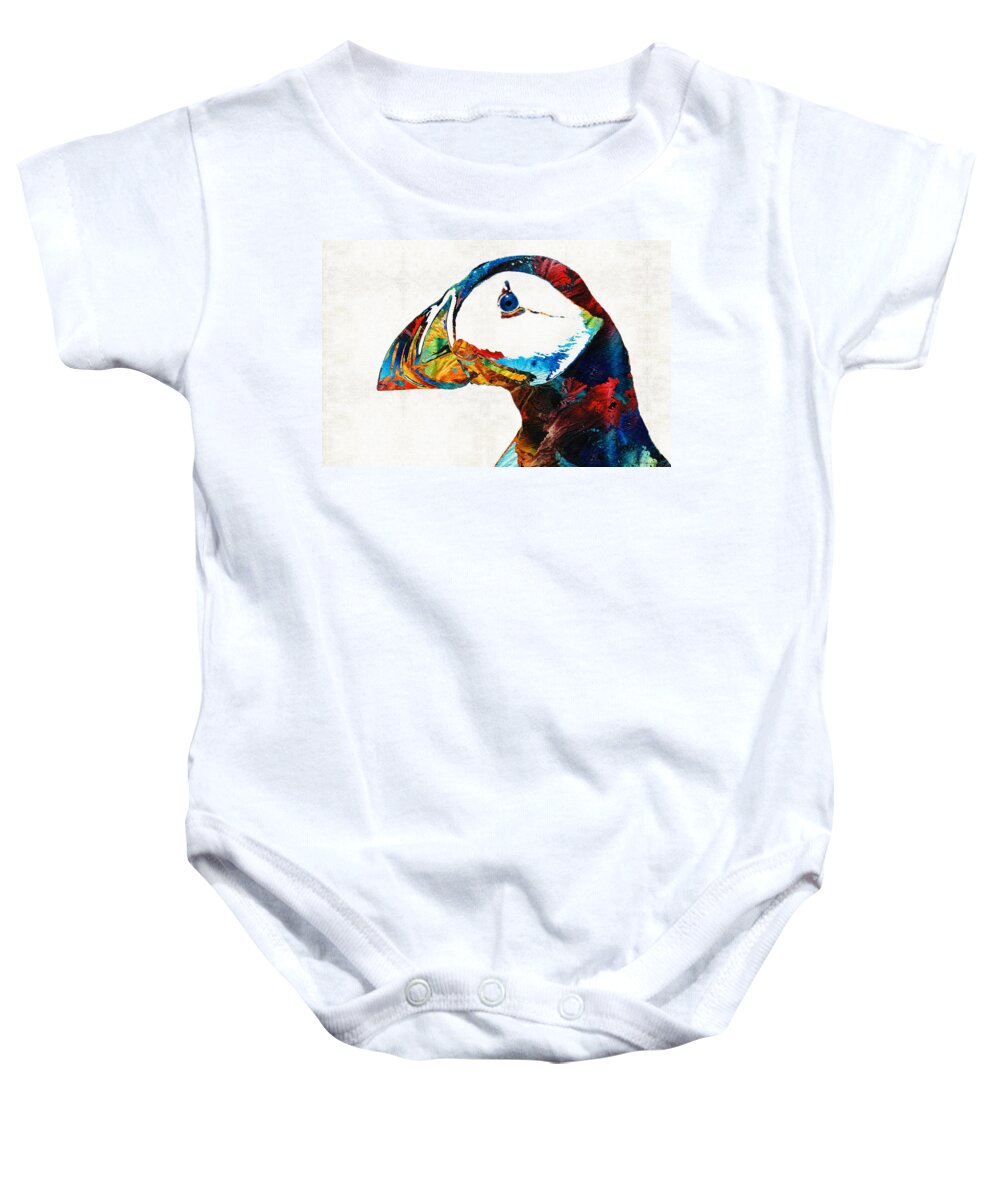 Puffin Baby Onesie featuring the painting Colorful Puffin Art By Sharon Cummings by Sharon Cummings