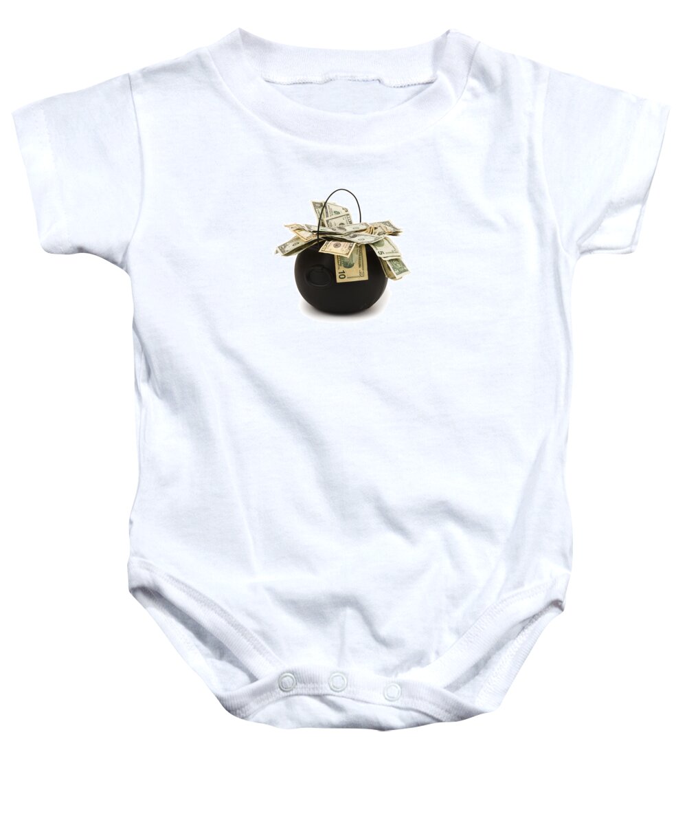 Ca One Dollar Bill Baby Onesie featuring the photograph cooking Pot full of Money White Background by Keith Webber Jr