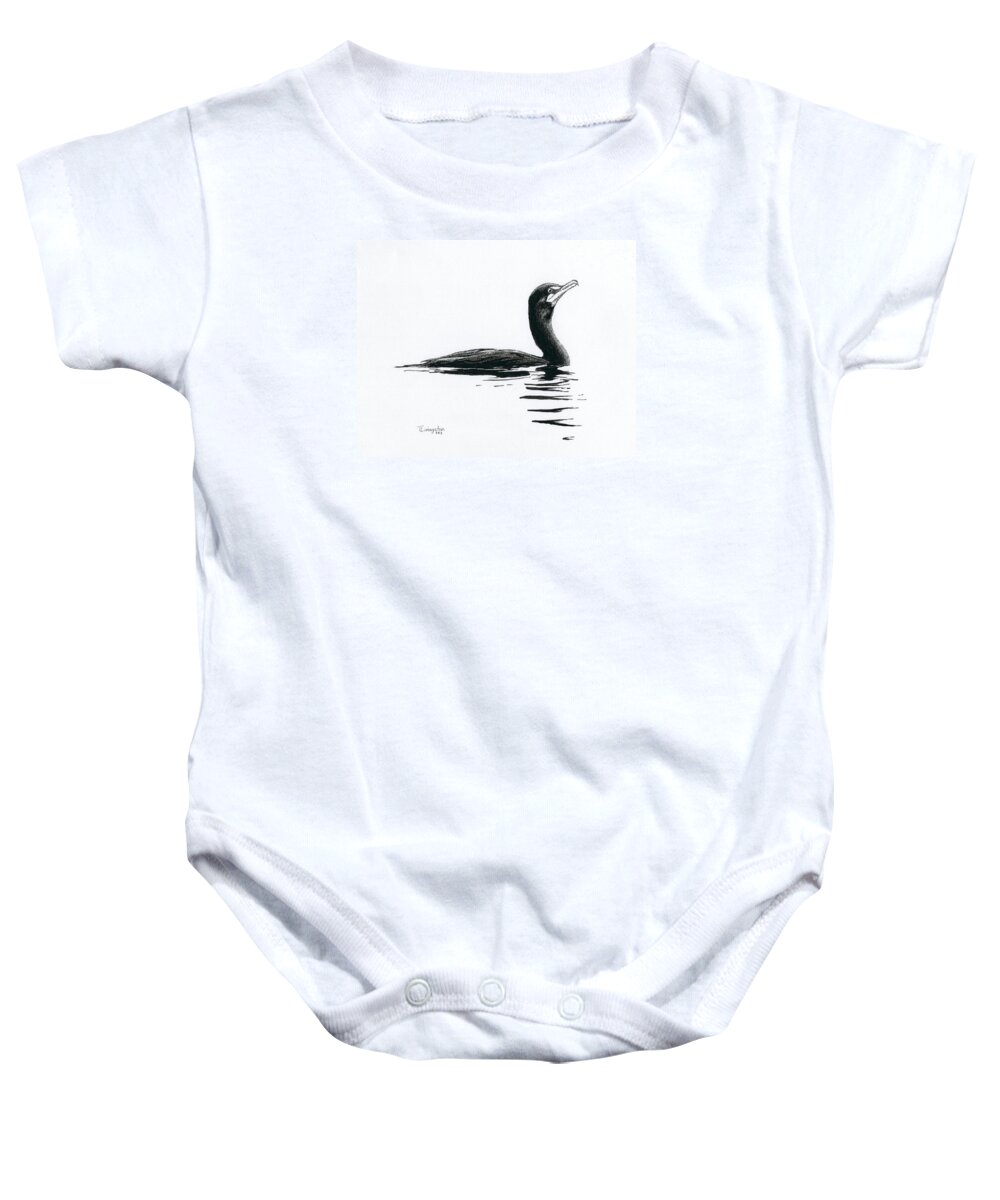 Cormorant Baby Onesie featuring the drawing Cormorant by Timothy Livingston