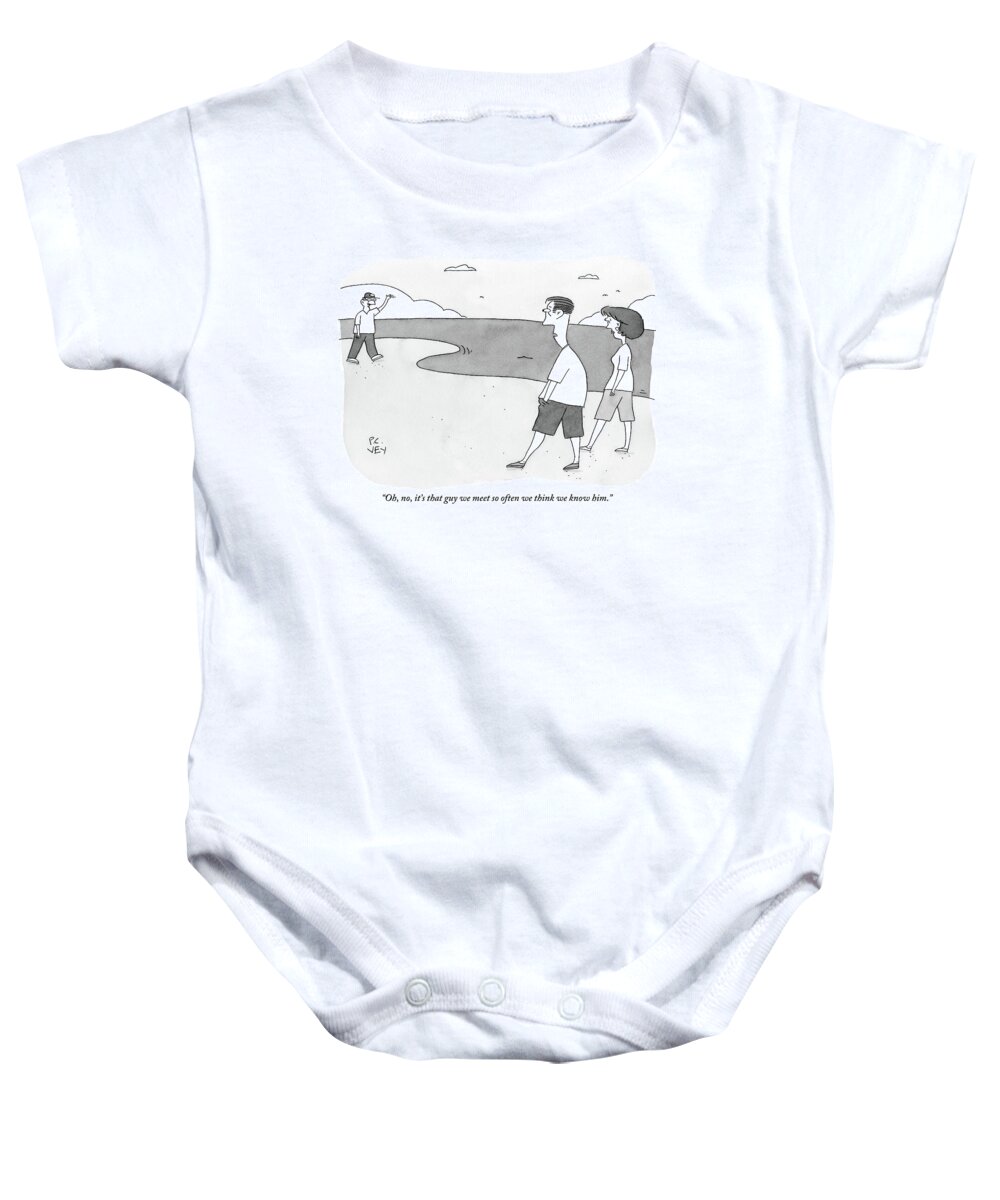 Meet Baby Onesie featuring the drawing Couple Walking On Beach by Peter C. Vey