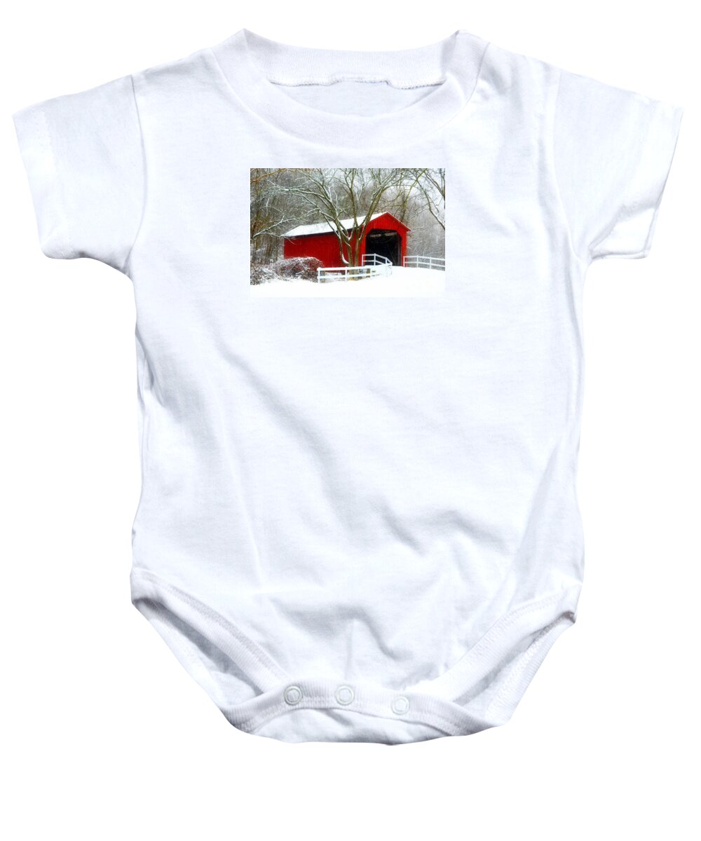 Winter Wonderland Baby Onesie featuring the photograph Cover Bridge Beauty by Peggy Franz