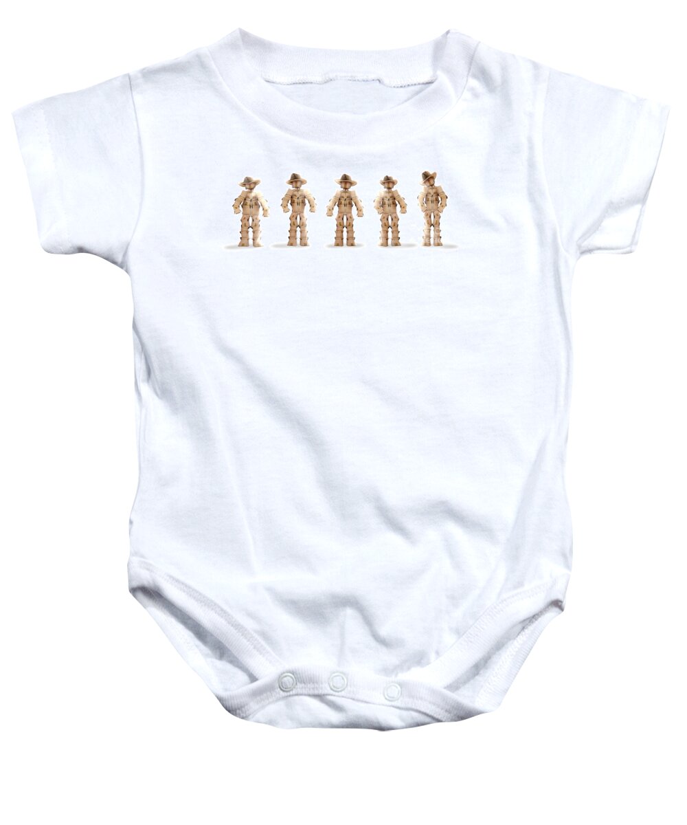  Cowboy Baby Onesie featuring the photograph Cowboy box characters on white by Simon Bratt