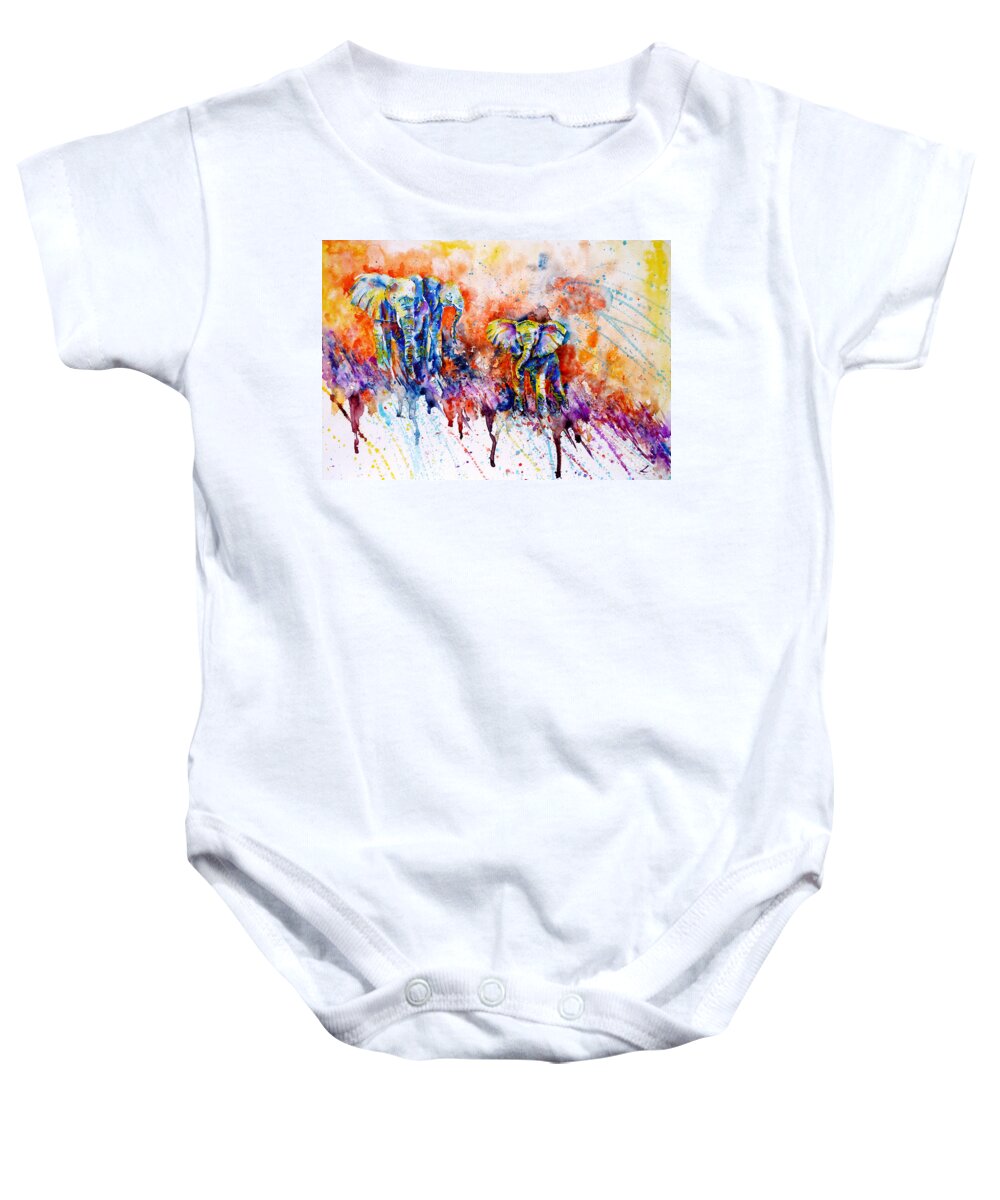 Colorful Elephants Baby Onesie featuring the painting Curious Baby Elephant by Zaira Dzhaubaeva