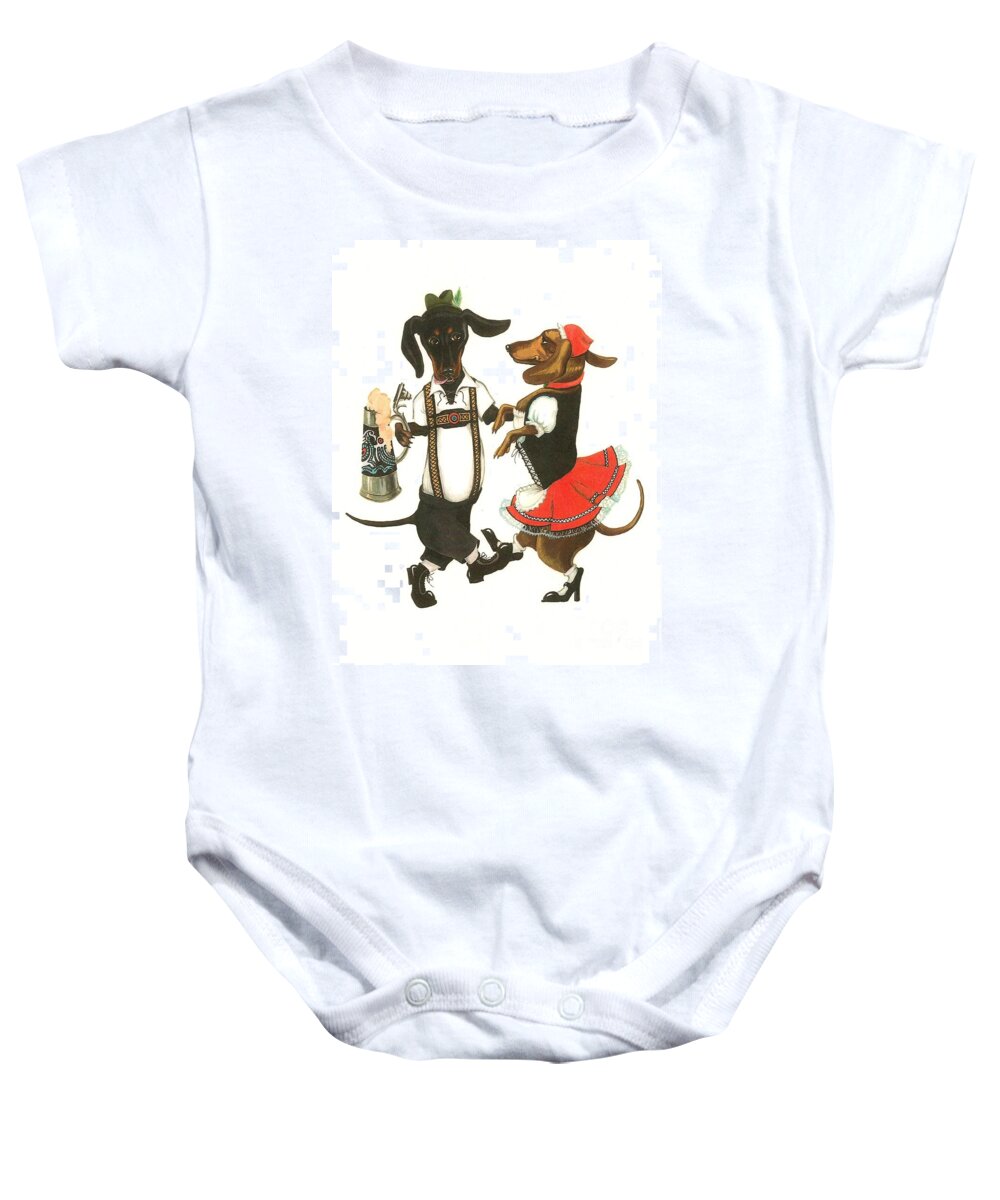 Painting Baby Onesie featuring the painting Dancing Dachshunds by Margaryta Yermolayeva