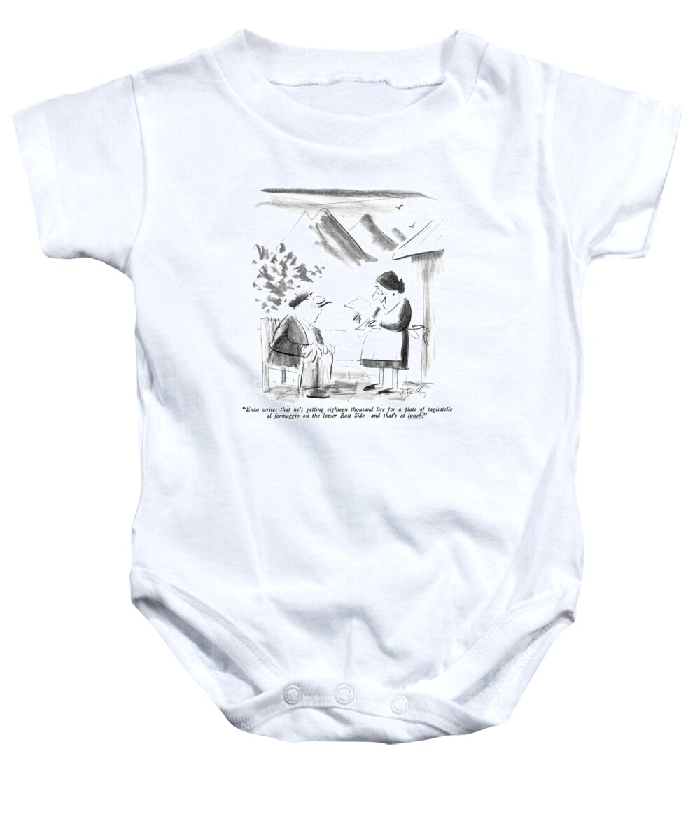 Money Baby Onesie featuring the drawing Enzo Writes That He's Getting Eighteen Thousand by Donald Reilly