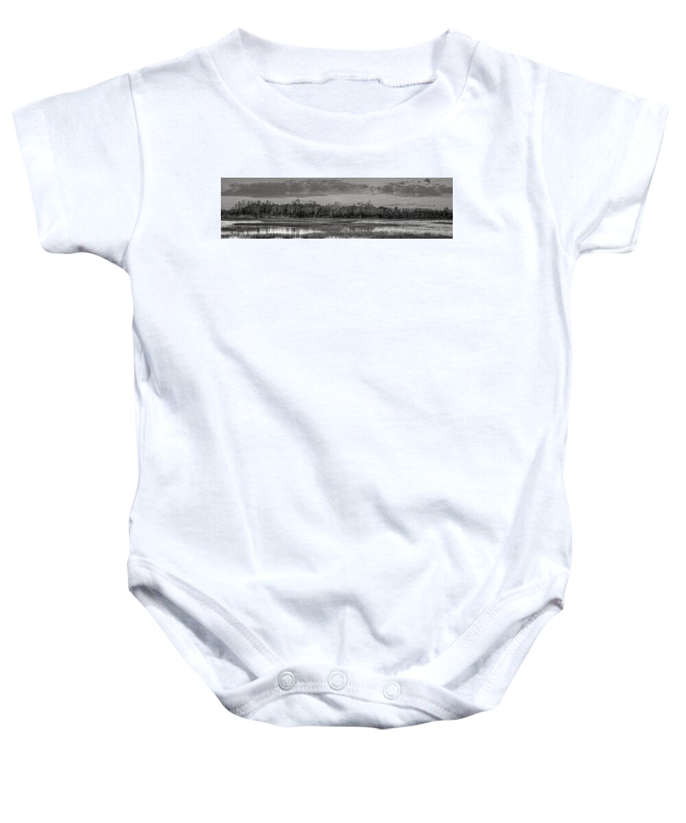 Cloud Baby Onesie featuring the photograph Everglades Panorama BW by Debra and Dave Vanderlaan