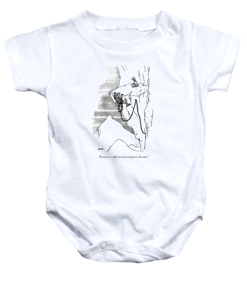 

 Holy Man On Mountain Ledge To Tethered Climber Who Has Clawed His Way Up To Ask.
Sports Baby Onesie featuring the drawing Everyone Is Different And Everyone Is The Same by George Booth