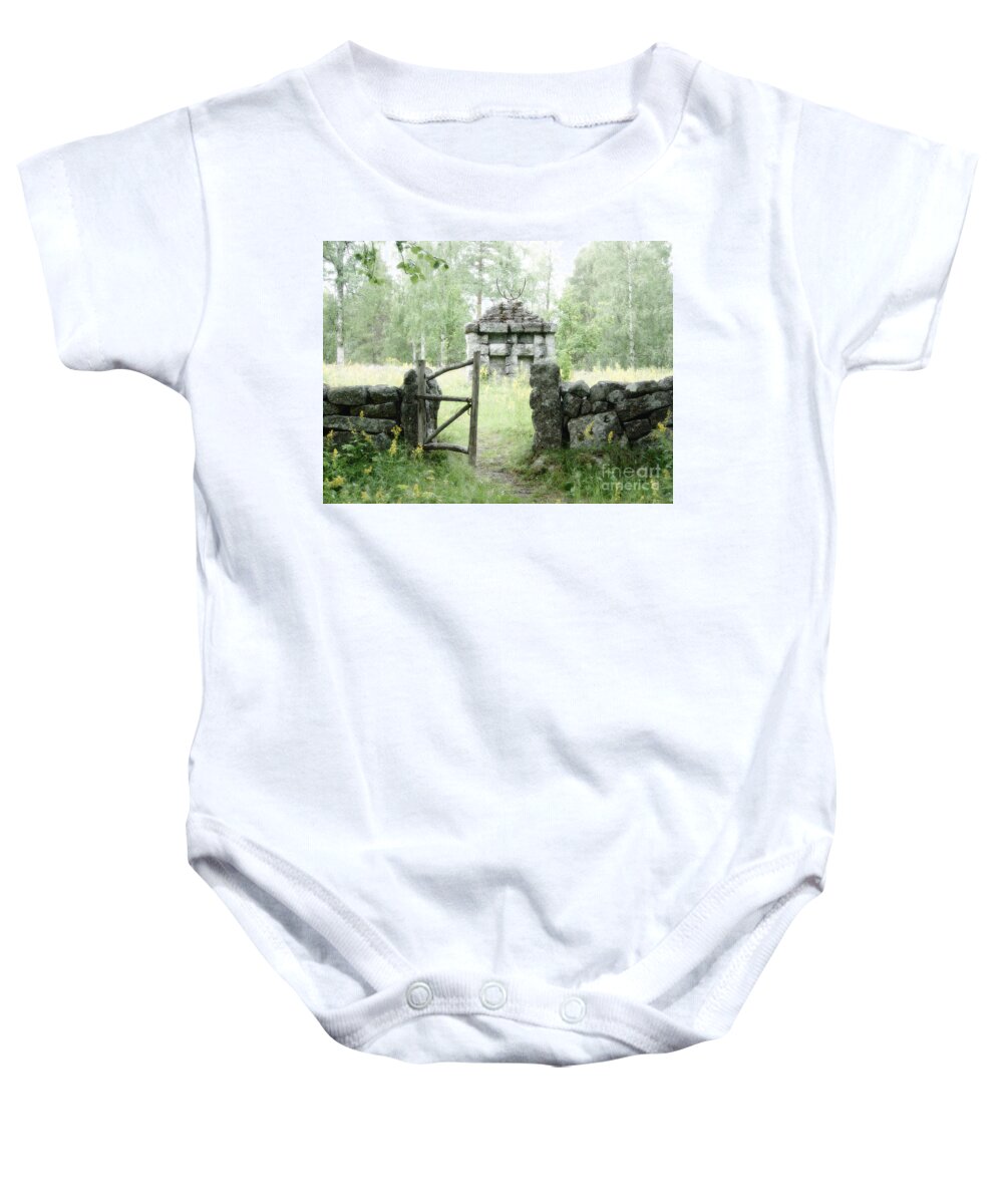 Rock Wall Baby Onesie featuring the photograph First Church location by Elaine Berger
