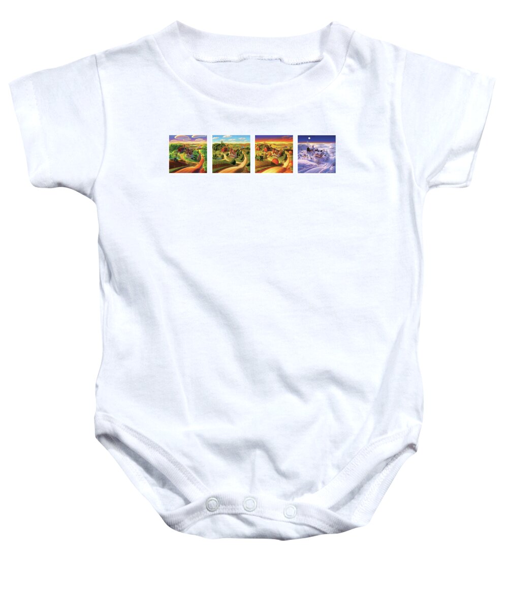  Four Seasons Baby Onesie featuring the painting Four Seasons on the Farm by Robin Moline