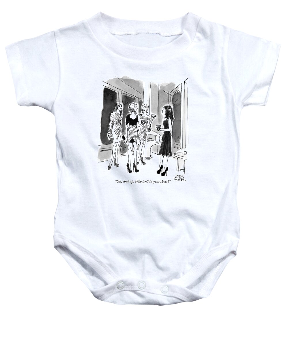 Cocktail Party Baby Onesie featuring the drawing Four Women Hold Cocktails And Are Similarly by Marisa Acocella Marchetto