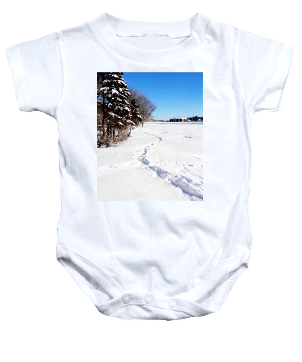 Snow Baby Onesie featuring the photograph Fresh Print On Kent's Pond by Zinvolle Art