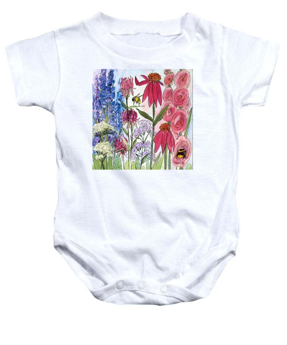 Acrylic On Canvas Baby Onesie featuring the painting Garden Flower and Bees by Laurie Rohner