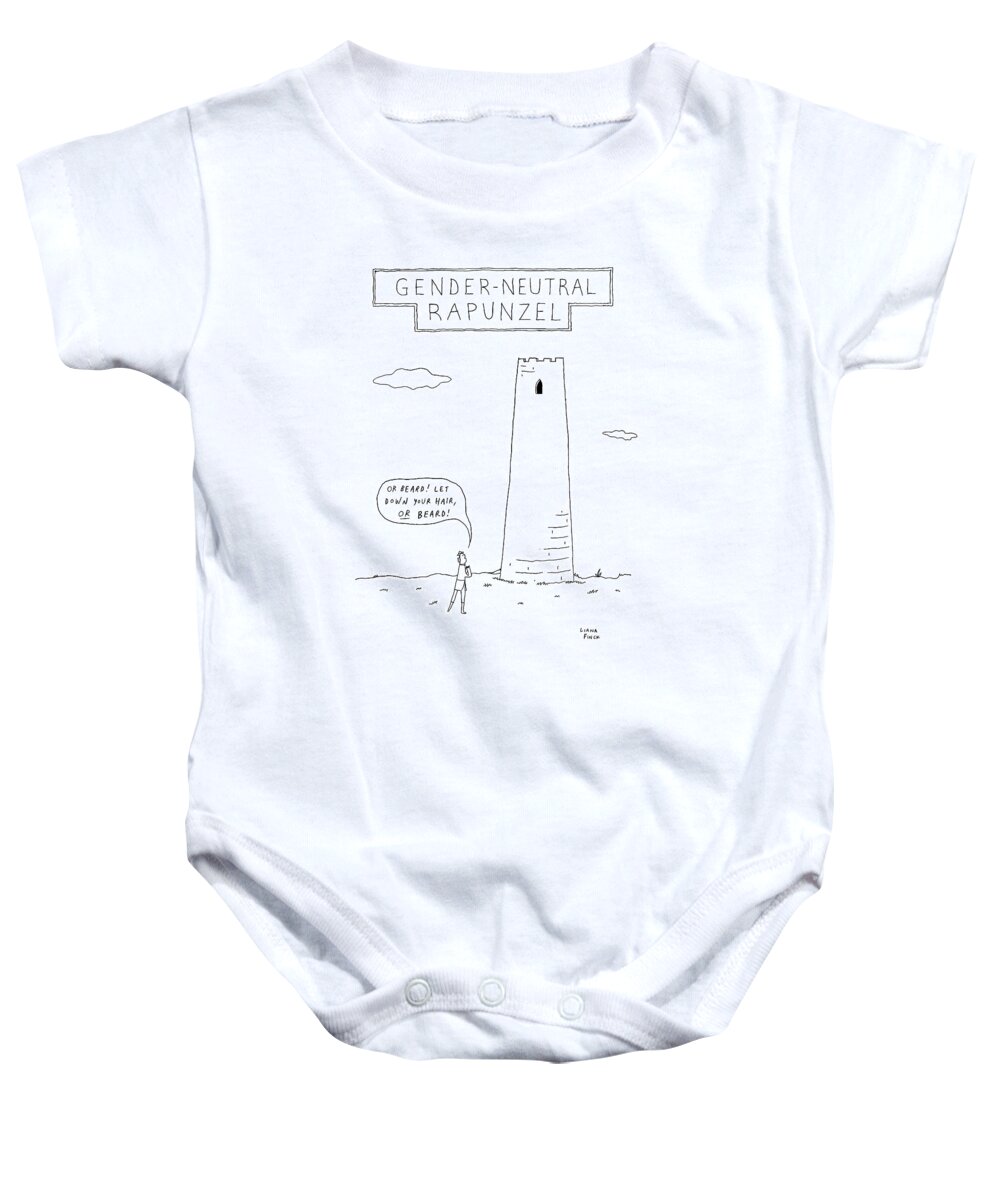 Captionless Grimm's Fairy Tales Baby Onesie featuring the drawing Gender-neutral Rapunzel -- A Man Calls Out To Let by Liana Finck