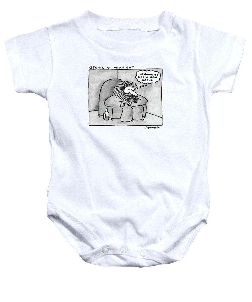 No Caption
Genius At Midnight: Man Sits In An Armchair With A Bottle At His Foot Baby Onesie featuring the drawing Genius At Midnight by Charles Barsotti