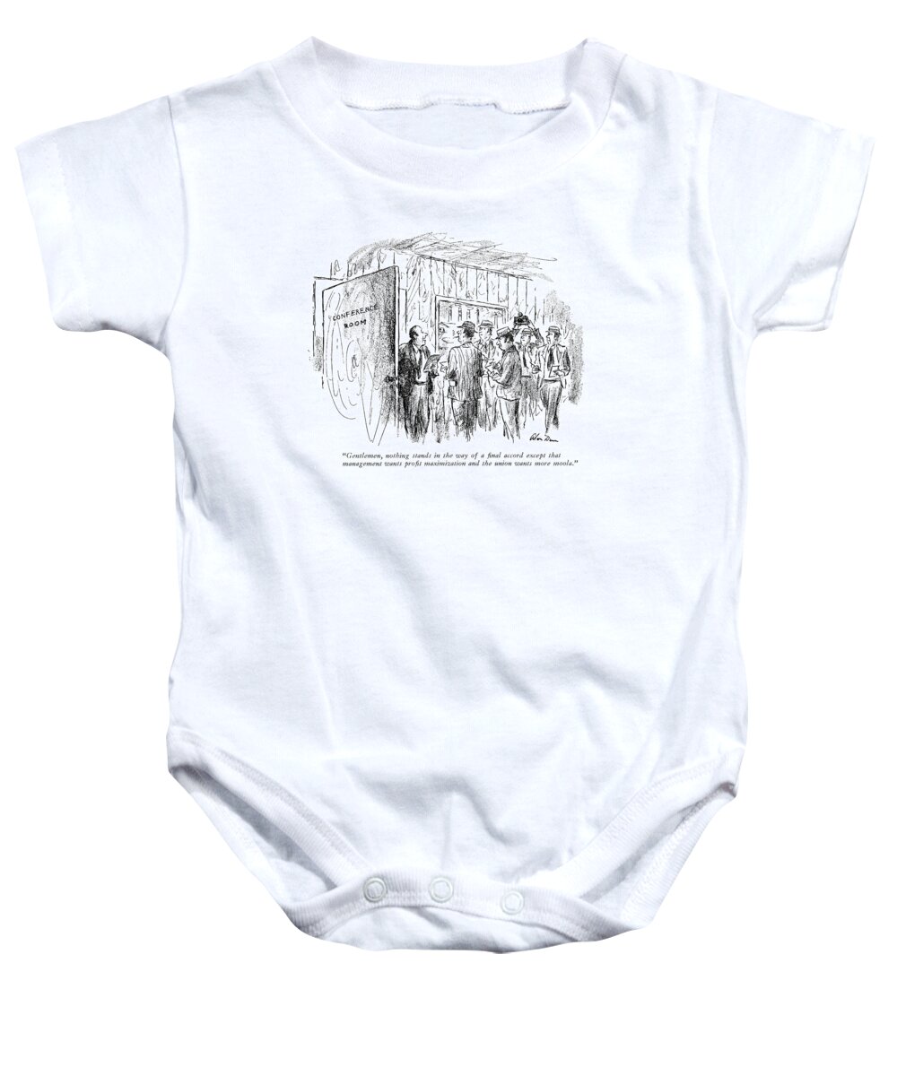 
 (man Coming Out Of Conference Room Makes Announcement To Reporters.)business Baby Onesie featuring the drawing Gentlemen, Nothing Stands In The Way Of A Final by Alan Dunn