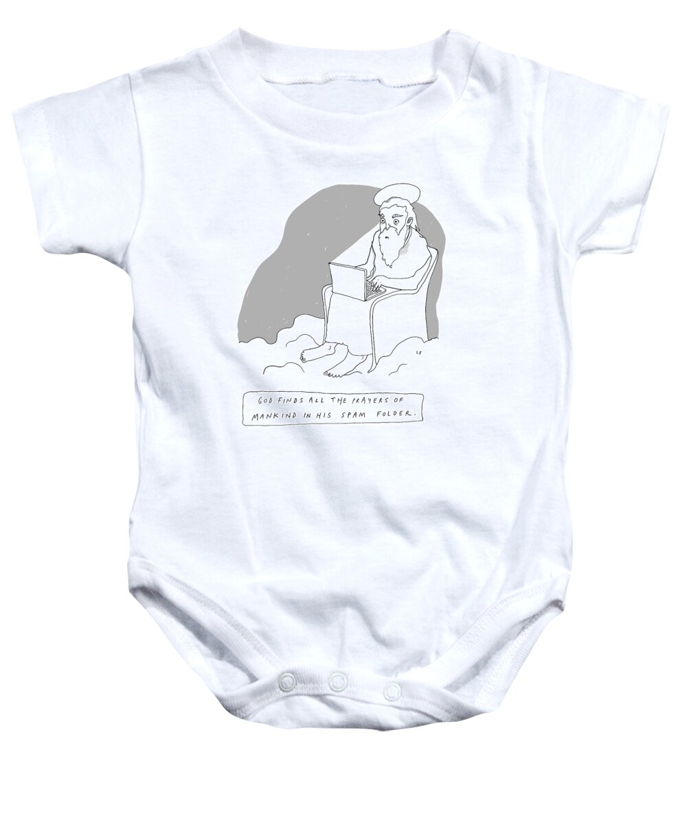 Captionless Baby Onesie featuring the drawing God Sits In A Throne In Heaven by Liana Finck