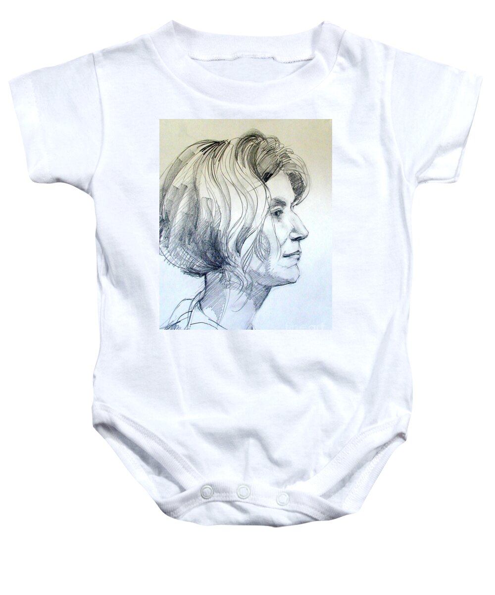 Portrait Baby Onesie featuring the drawing Portrait Drawing of a Woman in Profile by Greta Corens