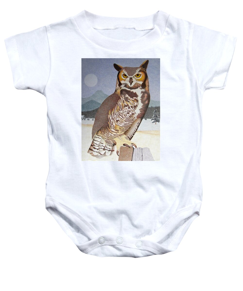 Art Baby Onesie featuring the drawing Great Horned Owl by Dan Miller