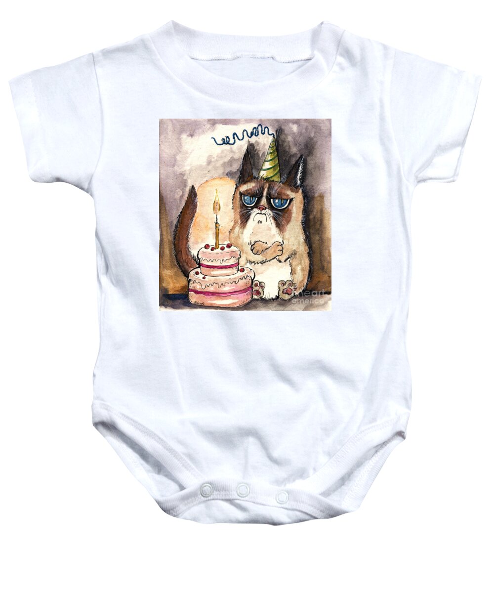Cat Baby Onesie featuring the painting Grumpy Birthday Cat by Ang El
