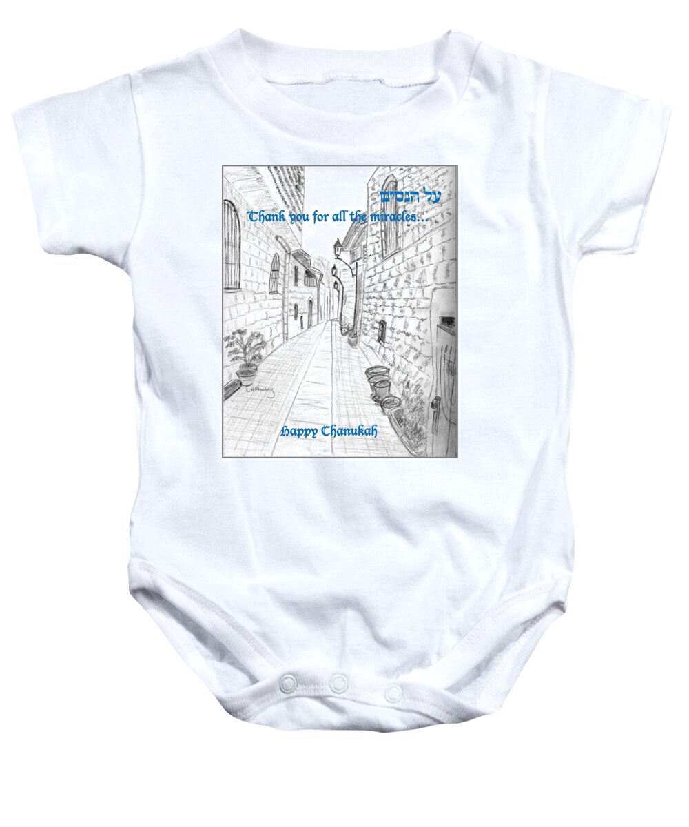 Chanukah Baby Onesie featuring the drawing Happy Chanukah-Tzfat by Linda Feinberg