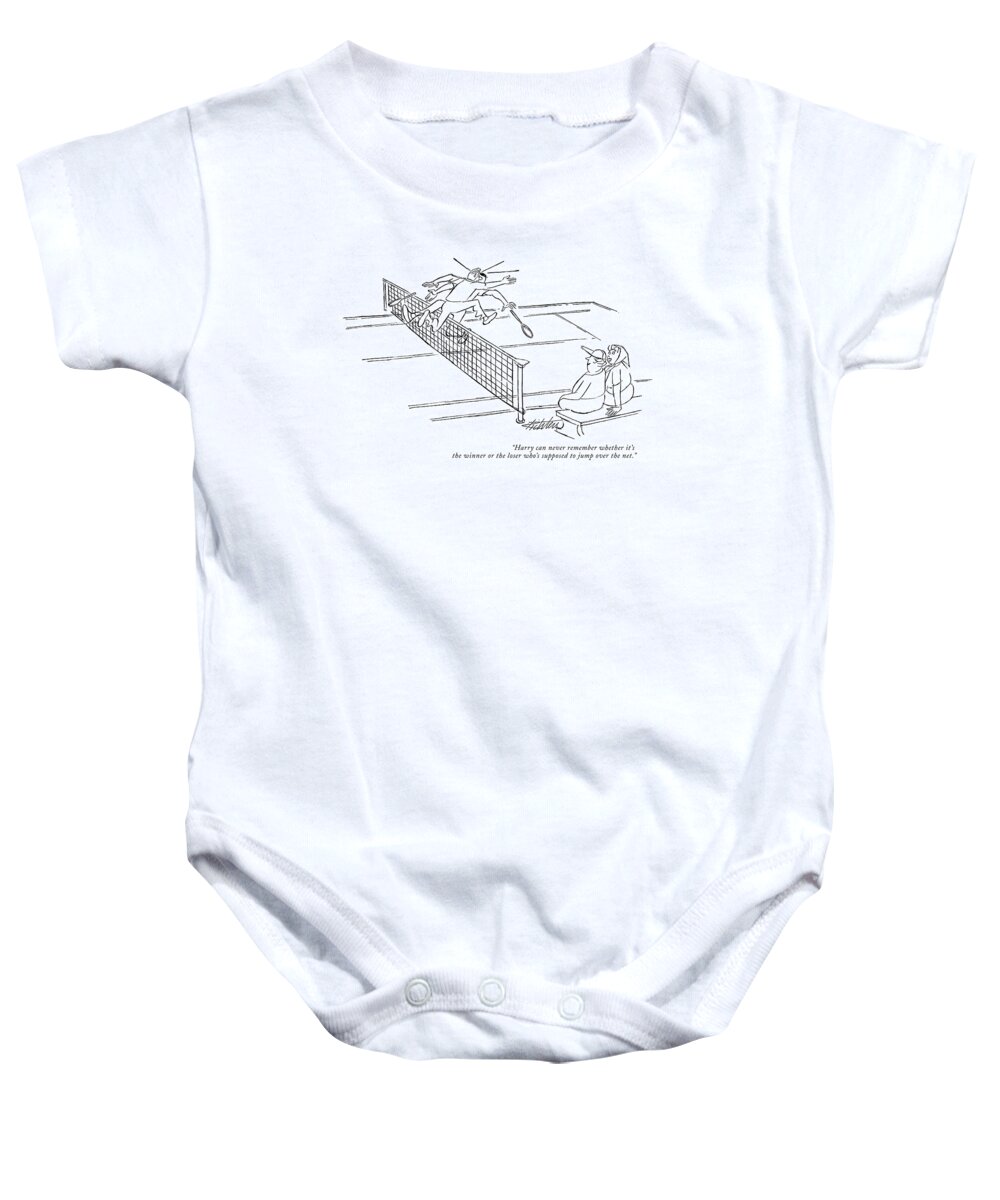 
(one Woman To Another As Two Men Collide Over Tennis Net.) Sport Leisure Incompetentes Ettiquette Artkey 44930 Baby Onesie featuring the drawing Harry Can Never Remember Whether It's The Winner by Mischa Richter