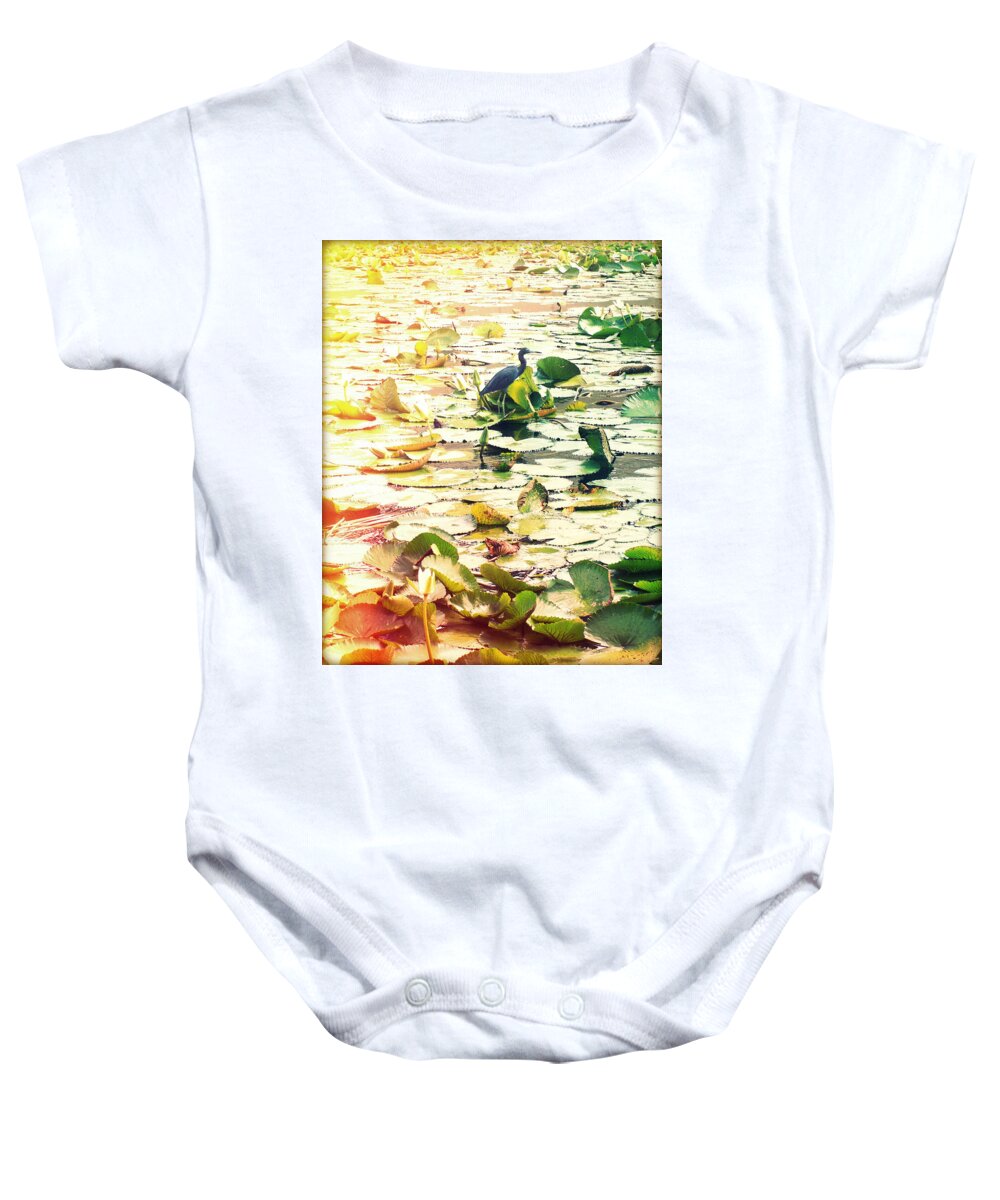 Florida Baby Onesie featuring the photograph Heron Among Lillies Photography Light Leaks by Chris Andruskiewicz
