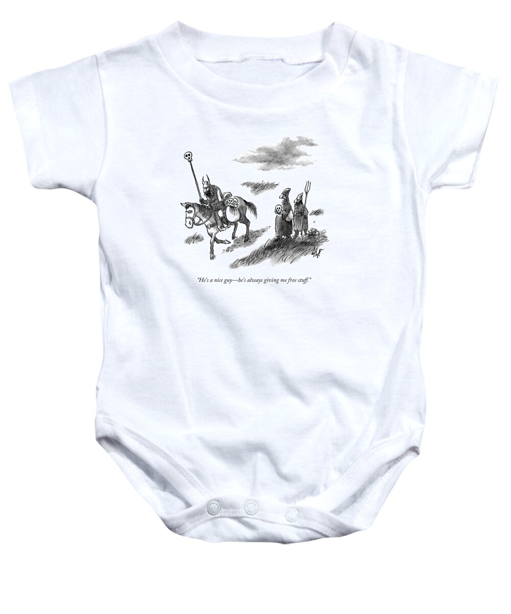 Raider Baby Onesie featuring the drawing He's A Nice Guy - He's Always Giving Me Free by Frank Cotham