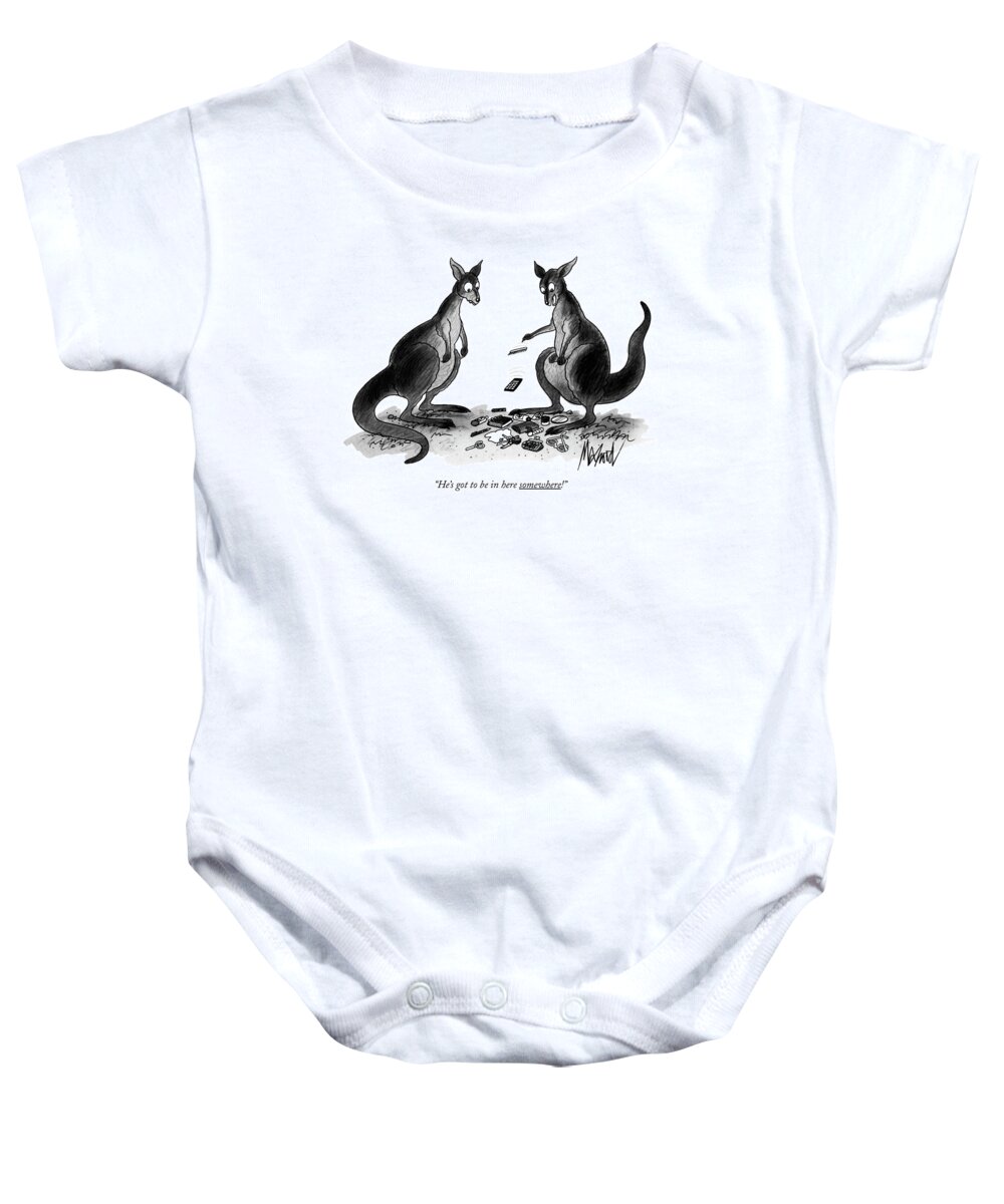 

 One Kangaroo Says To Another Baby Onesie featuring the drawing He's Got To Be In Here Somewhere! by Kenneth Mahood