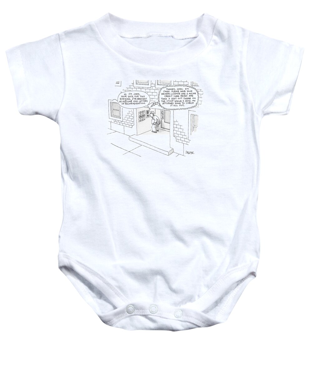 Apartment Building Baby Onesie featuring the drawing 'hi. I'm John by Jack Ziegler