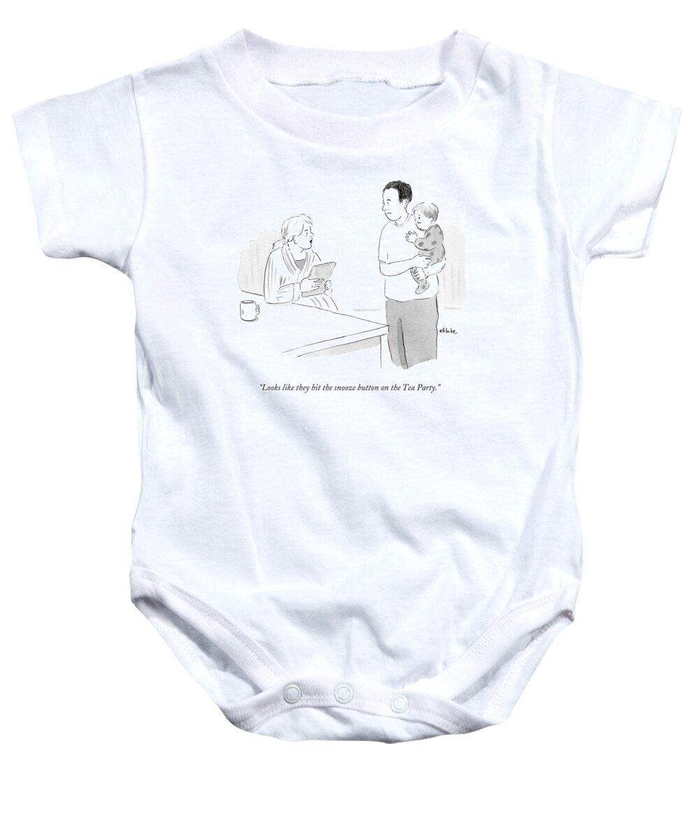 Looks Like They Hit The Snooze Button On The Tea Party.' Baby Onesie featuring the drawing Hit The Snooze Button On The Tea Party by Emily Flake