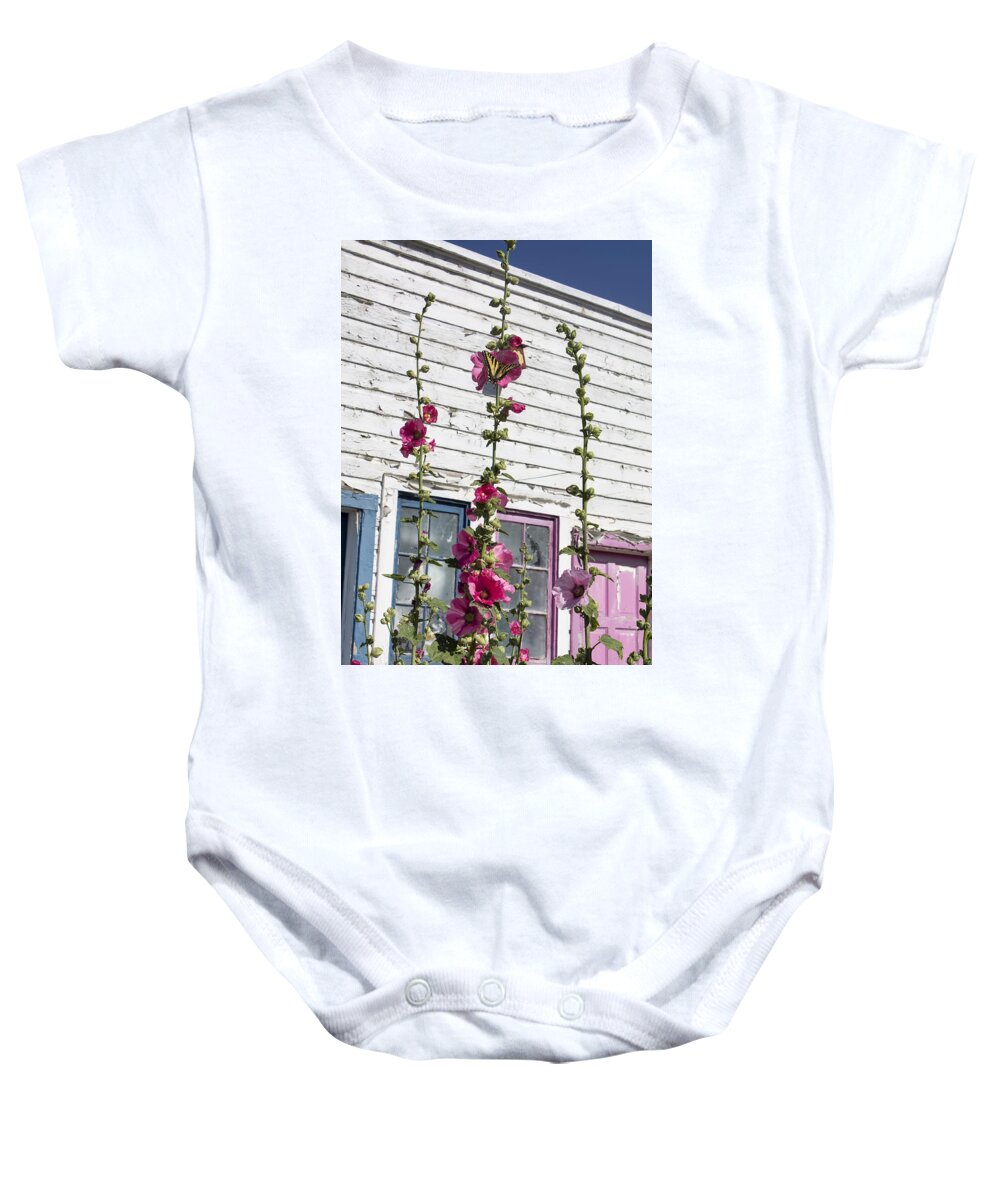 Flowers Baby Onesie featuring the photograph Hollyhocks and Butterfly by Cathy Anderson